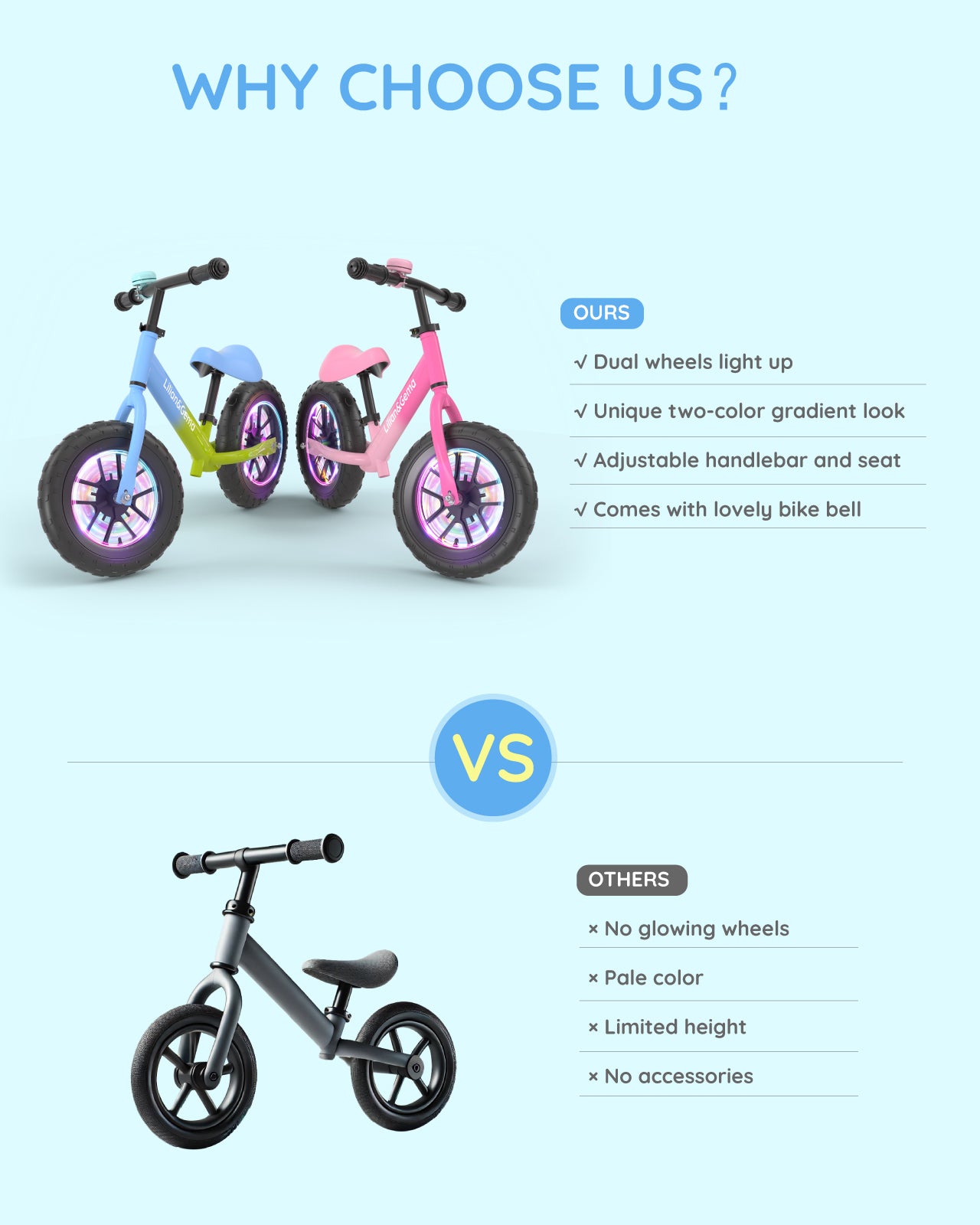 Lilian&Gema Balance Bike, Colorful Lighting Toddler Balance Bike, No Pedal Toddler Bikes with Adjustable Handlebar & Seat, 12-Inch Wheel, Suitable for Boys and Girls Ages 2 3 4 5（复制）