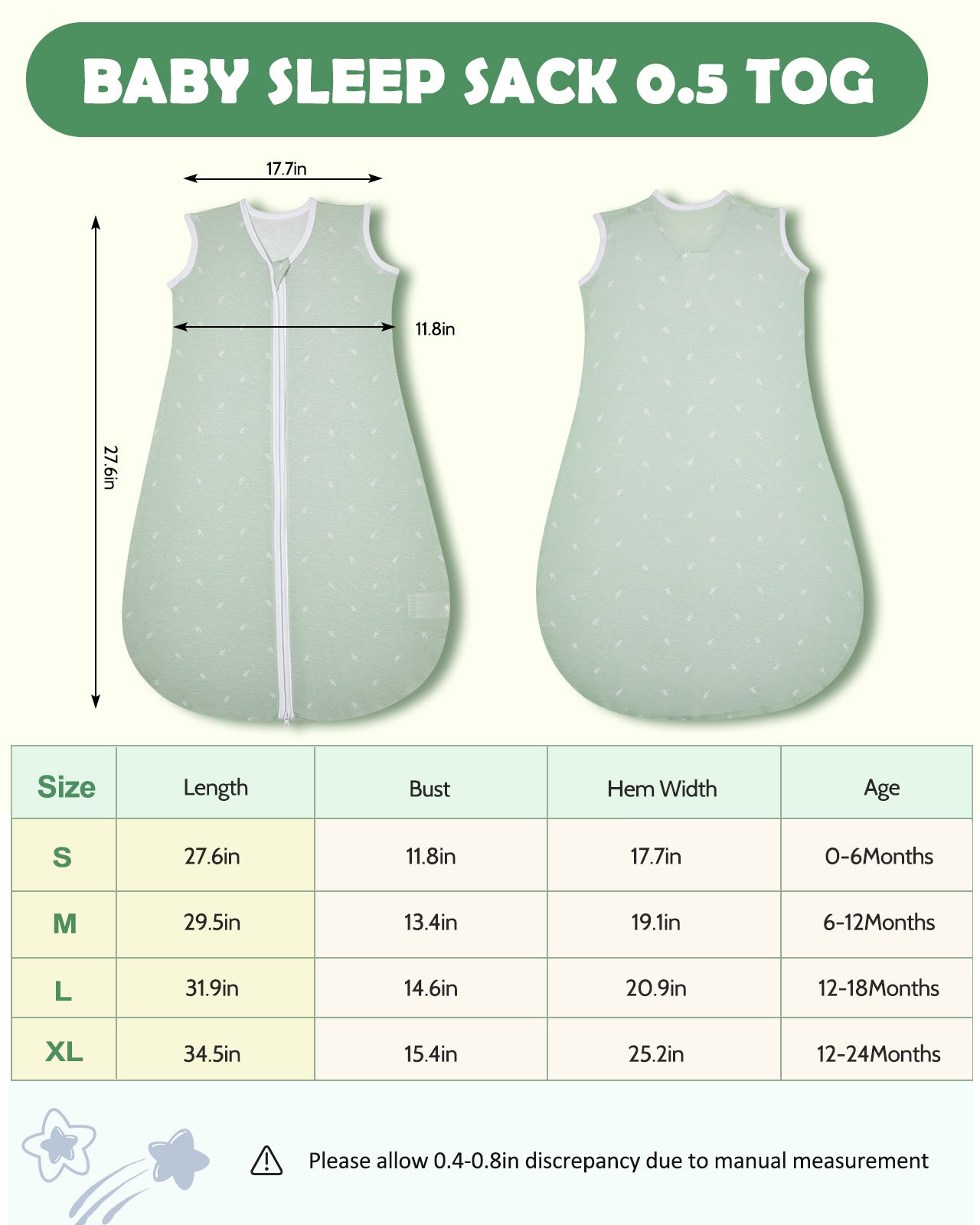 Lilian&Gema 3 Pack Baby Sleeping Bag 0.5 TOG, Unisex Summer Baby Sleep Sacks, Sleeveless Swaddle Wearable Blanket with 2-Way Zipper for Baby Infant Toddler,S,Green