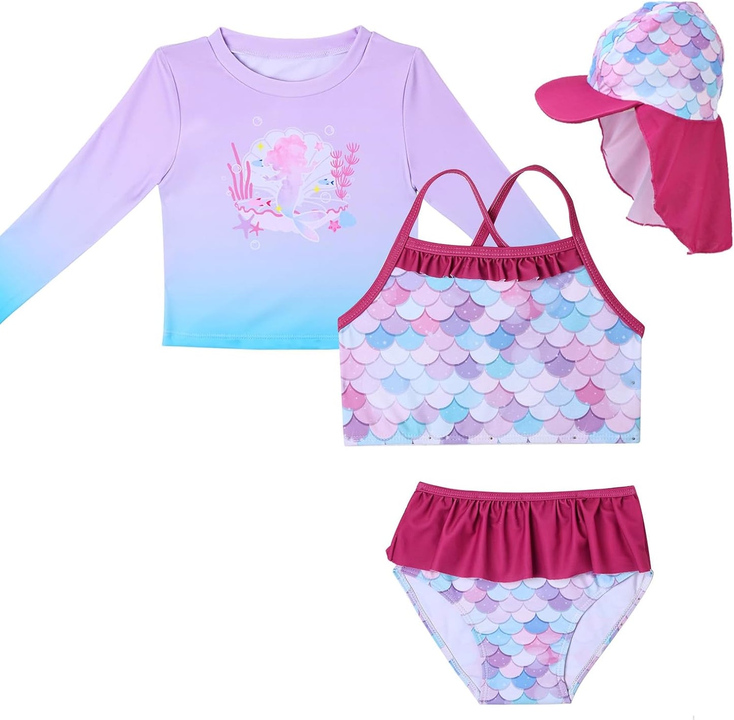 Lilian & Gema 4-Piece Baby Toddler Girl Swimsuit Set - Tankini & Rash Guard Girls Bathing Suit with UPF 50+ Sun Protection