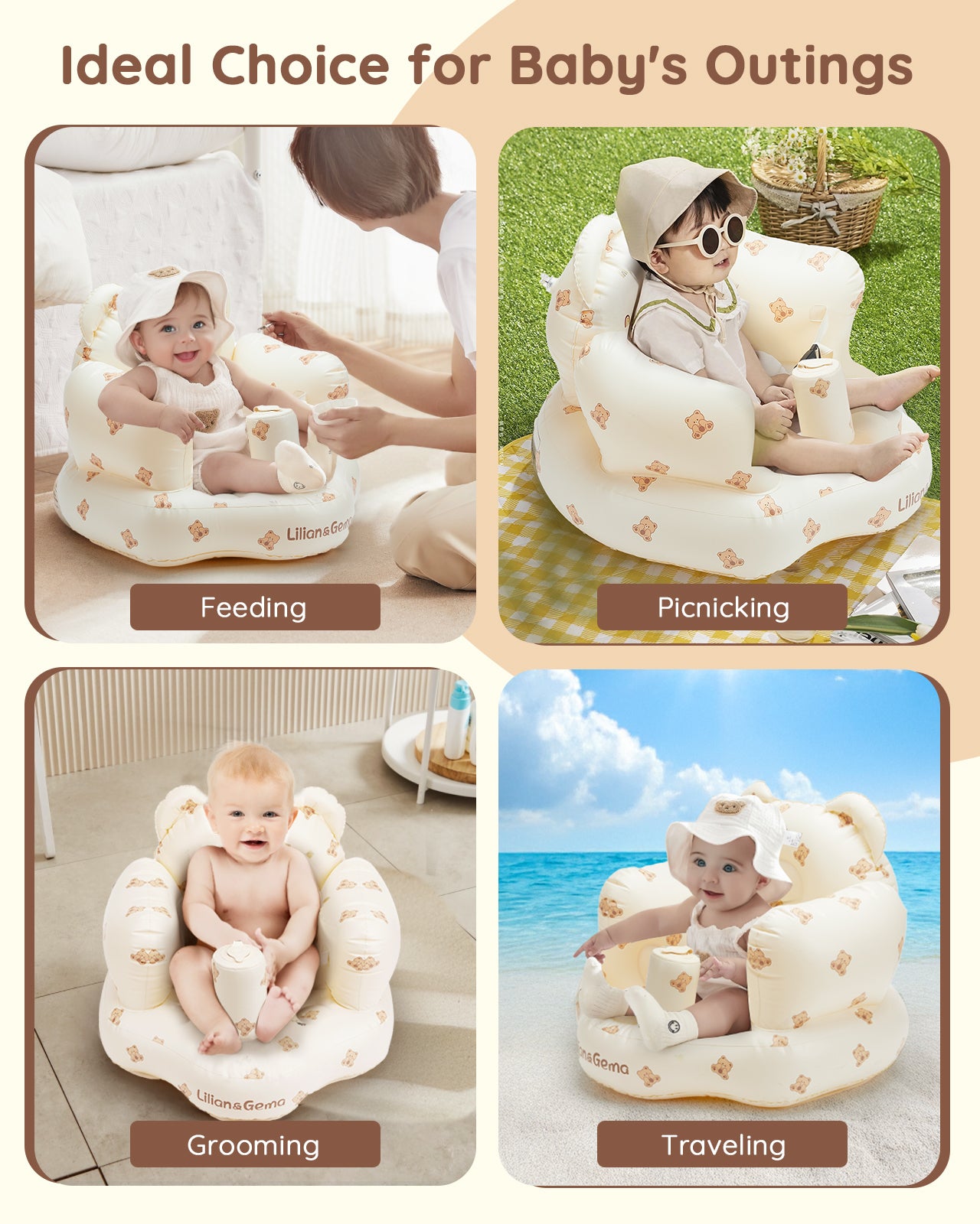 Inflatable Baby Seat for Babies 3-36 Months, Lilian&Gema Baby Chair sit me up, Built-in Pump Quick Inflate, Soft Support, Easy Upright Baby Seats for Infants for Sitting Up