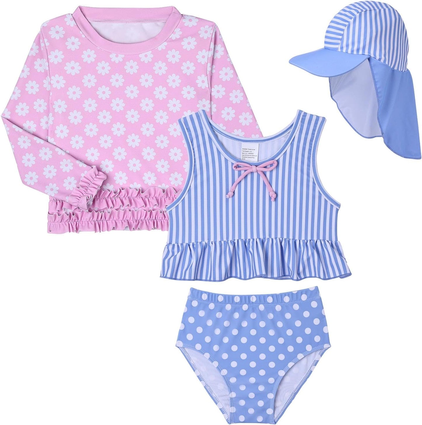 Lilian & Gema 4-Piece Baby Toddler Girl Swimsuit Set - Tankini & Rash Guard Girls Bathing Suit with UPF 50+ Sun Protection