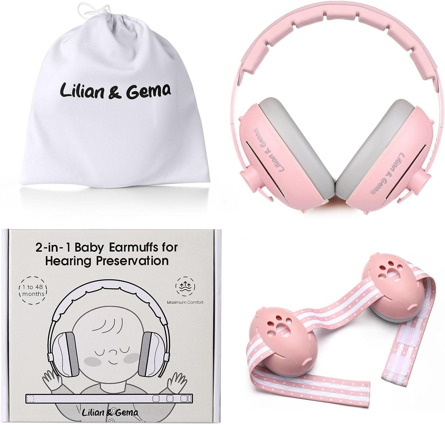 Lilian&Gema 2-in-1 Baby Ear Muffs Noise Protection, Adjustable Baby Headphones with Stretchy Band for Baby & Toddler