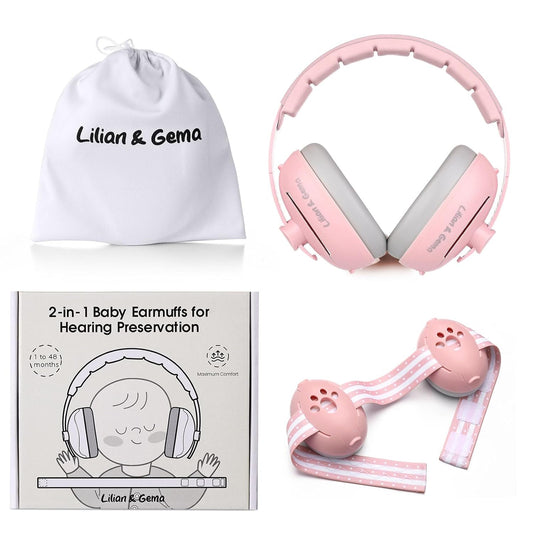 Lilian&Gema 2-in-1 Baby Ear Muffs Noise Protection, Adjustable Baby Headphones with Stretchy Band, Noise Cancelling Headphones for Baby & Toddler up to 4 Years, Baby Airplane Essentials/Outdoor, Pink