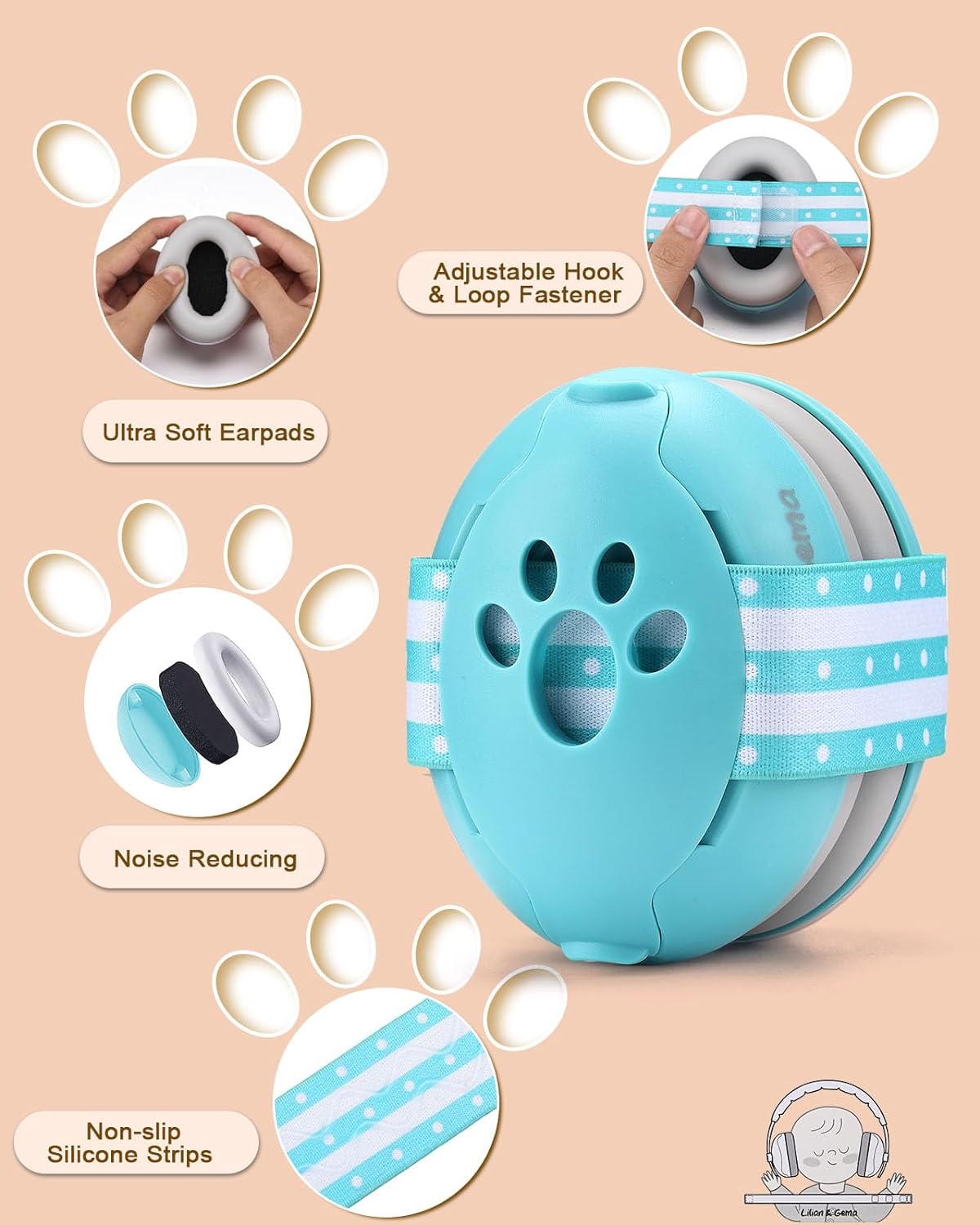 Lilian&Gema Paraorecchie Per Bambini 2 In 1 – Protezione Acustica 25 DB, Fascia Regolabile, Colore Blu – Da 3 A 48 Mesi – Per Ambienti Rumorosi