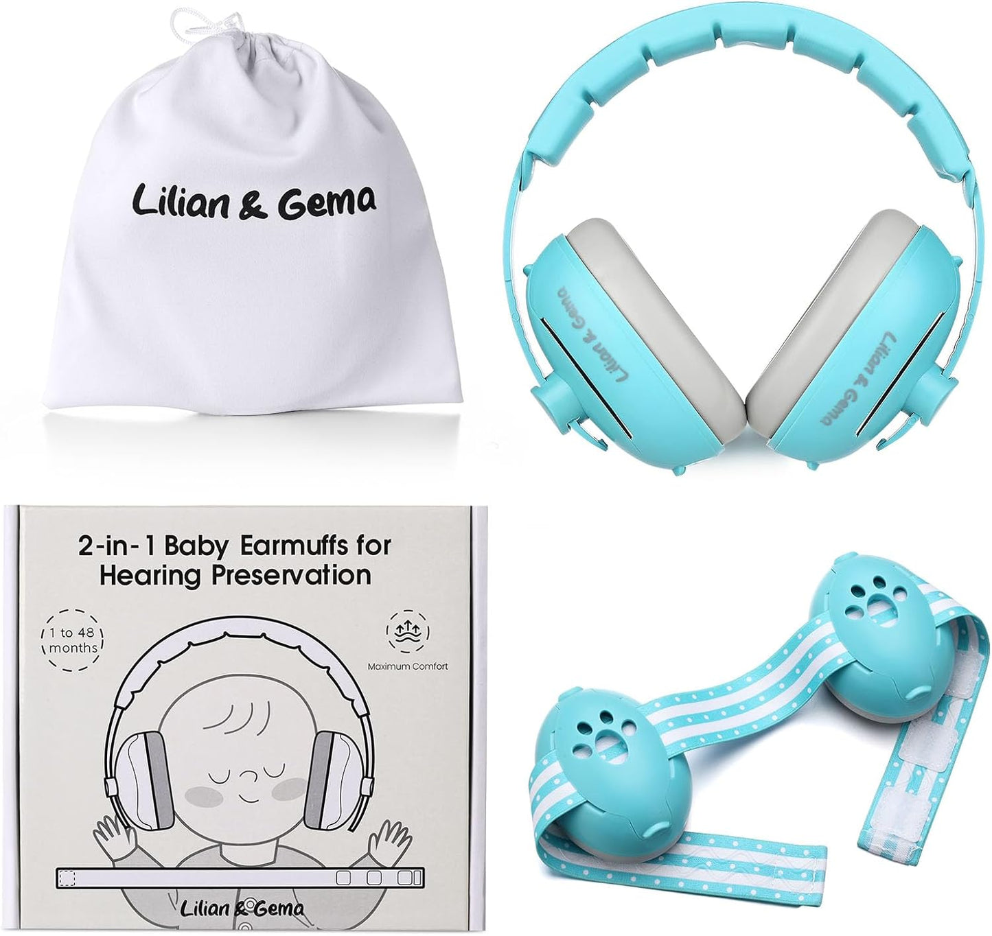 Lilian&Gema 2-in-1 Baby Ear Muffs Noise Protection, Adjustable Baby Headphones with Stretchy Band for Baby & Toddler