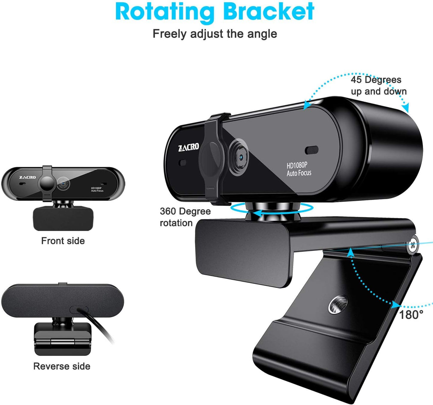 Zacro Auto-Focus 1080P HD Webcam with Privacy Cover and Microphone, Webcam Foldable Computer Camera with Rotating Angle for Video Calls, Conferences, Recording, Games ect