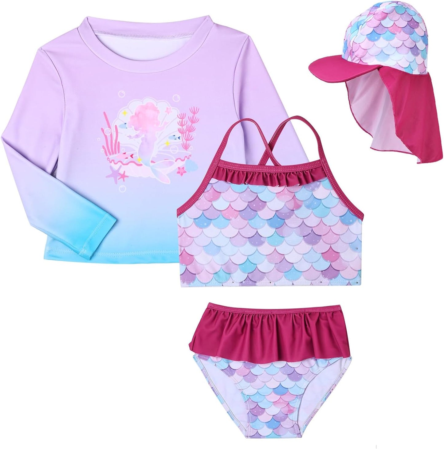 Lilian & Gema 4-Piece Baby Toddler Girl Swimsuit Set - Tankini & Rash Guard Girls Bathing Suit with UPF 50+ Sun Protection