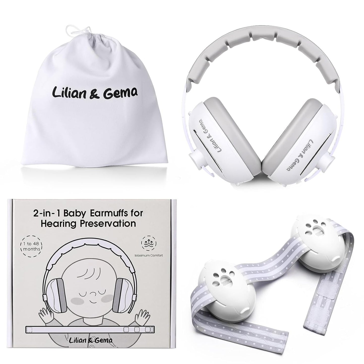 Lilian&Gema 2-in-1 Baby Ear Muffs Noise Protection, Adjustable Baby Headphones with Stretchy Band, Noise Cancelling Headphones for Baby & Toddler up to 4 Years, Baby Airplane Essentials/Outdoor, White