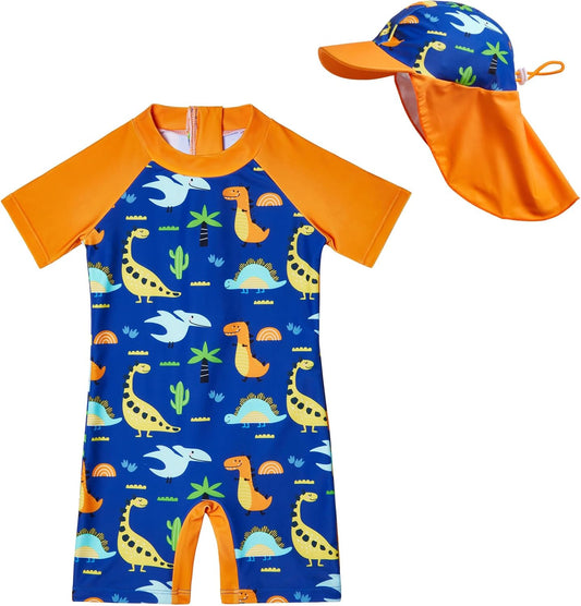 Lilian&Gema Toddler Boy Swimsuit UPF 50+ Protection One Piece Zipper Bathing Suit Baby Swimsuit with Adjustable Sun Hat