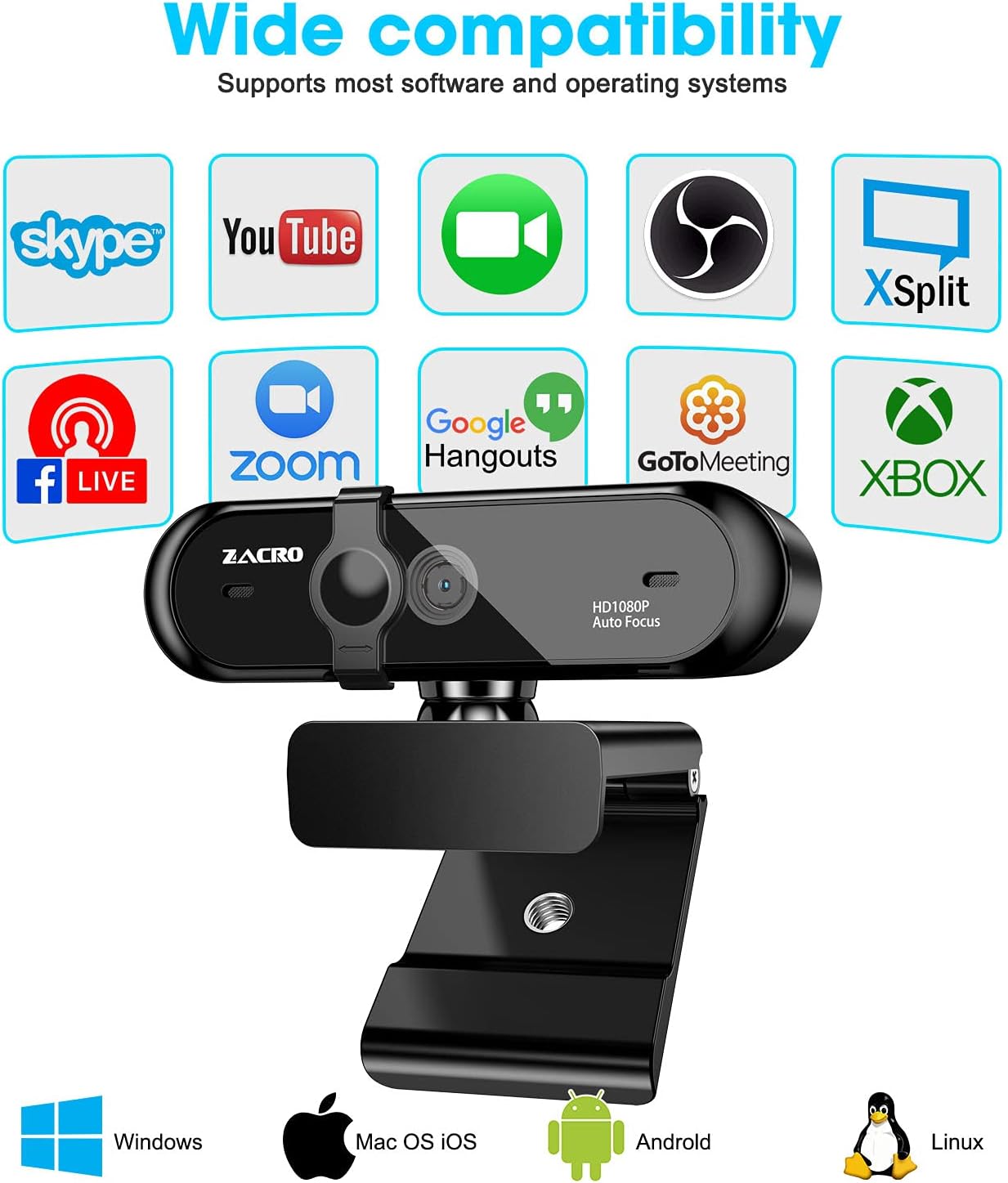 Zacro Auto-Focus 1080P HD Webcam with Privacy Cover and Microphone, Webcam Foldable Computer Camera with Rotating Angle for Video Calls, Conferences, Recording, Games ect