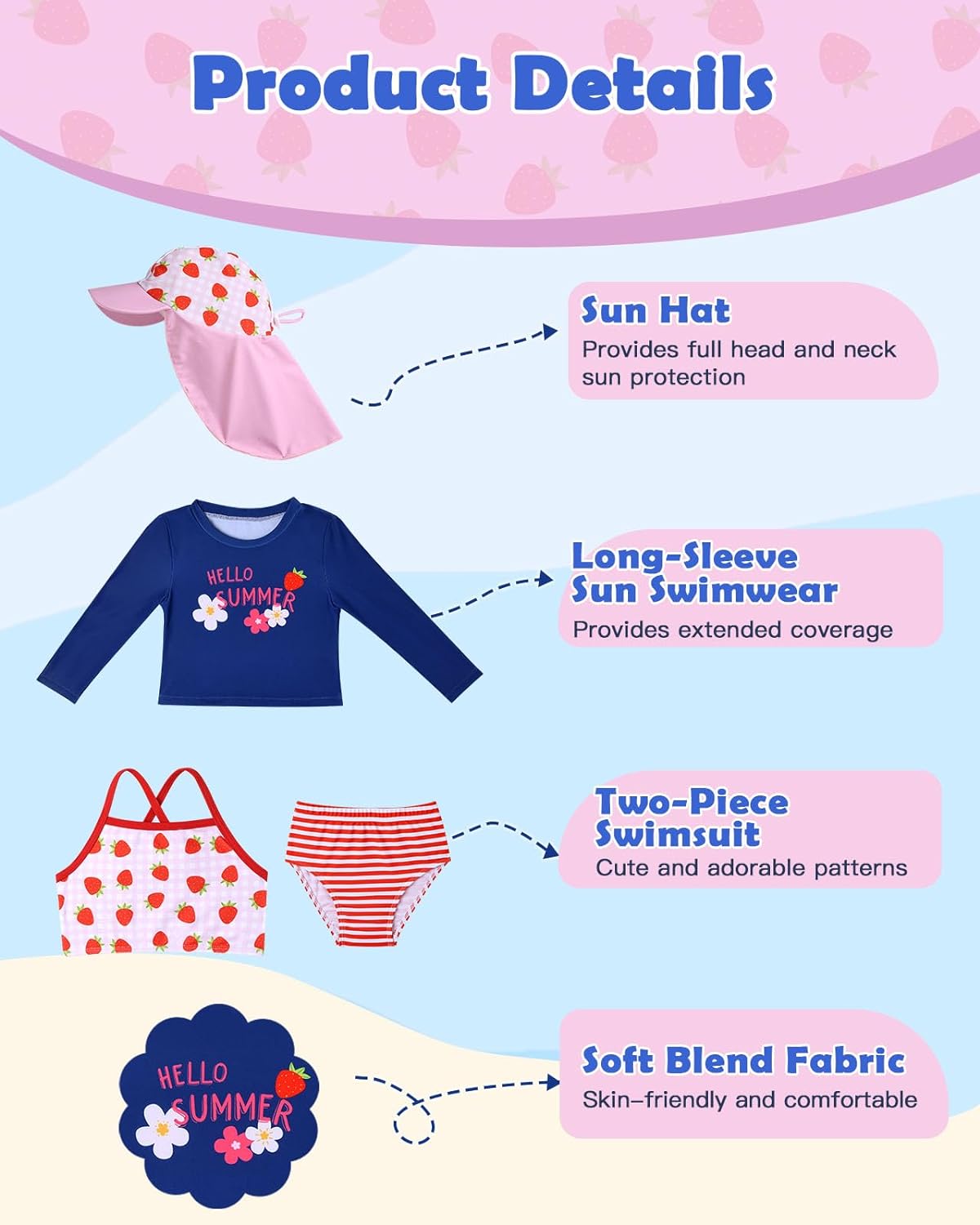 Lilian & Gema 4-Piece Baby Toddler Girl Swimsuit Set - Tankini & Rash Guard Girls Bathing Suit with UPF 50+ Sun Protection