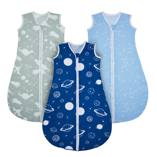 Lilian&Gema 3 Pack Baby Sleeping Bag 0.5 TOG, Unisex Summer Baby Sleep Sacks, Sleeveless Swaddle Wearable Blanket with 2-Way Zipper for Baby Infant Toddler,M,Blue