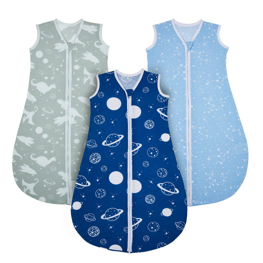 Lilian&Gema 3 Pack Baby Sleeping Bag 0.5 TOG, Unisex Summer Baby Sleep Sacks, Sleeveless Swaddle Wearable Blanket with 2-Way Zipper for Baby Infant Toddler,L,Blue